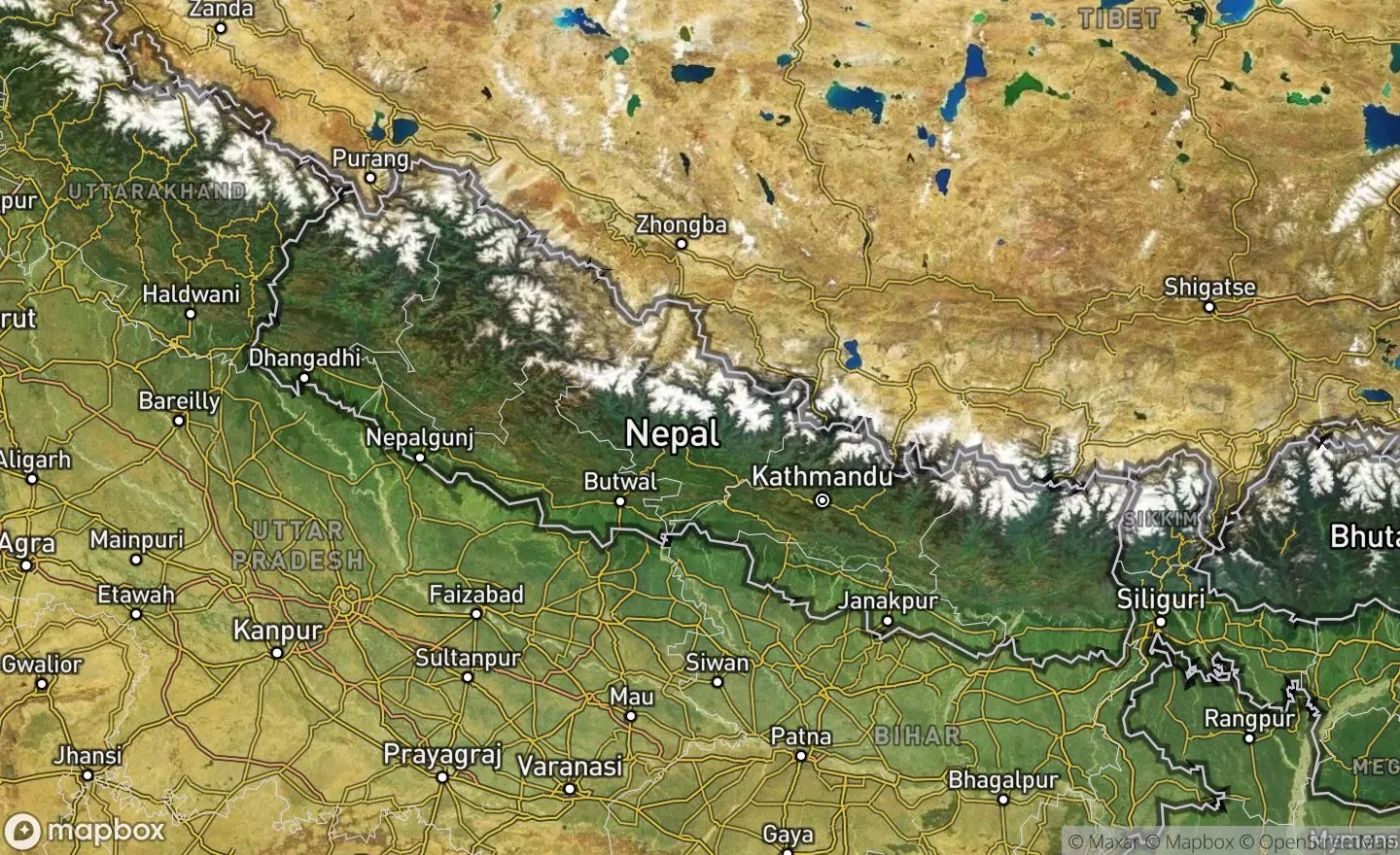 Satellite overview of Nepal. The red circle marks the Rasuwa area enlarged below.